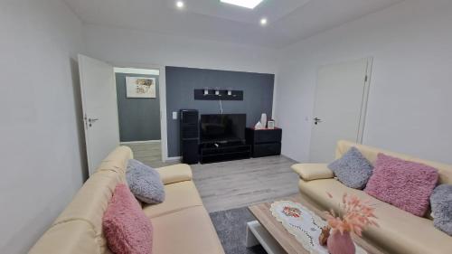 a living room with two couches and a television at CT Apartment Wurzen in Wurzen