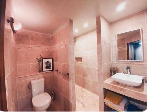 une salle de bain avec toilettes et lavabo dans l'établissement Maison avec piscine au cœur de la suisse normande, à Aubusson