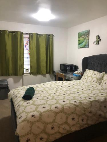 a bedroom with a bed with a green curtain at 34 Furlong Close Room in a Home in Oxford