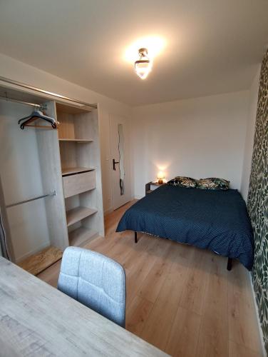 een slaapkamer met een bed en een stoel in een kamer bij Chambre privée 1 dans un appartement - Pessac in Pessac