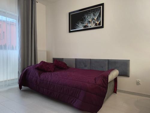 ein Schlafzimmer mit einem Bett mit einer lila Decke in der Unterkunft Apartament Wierzyca in Pelplin