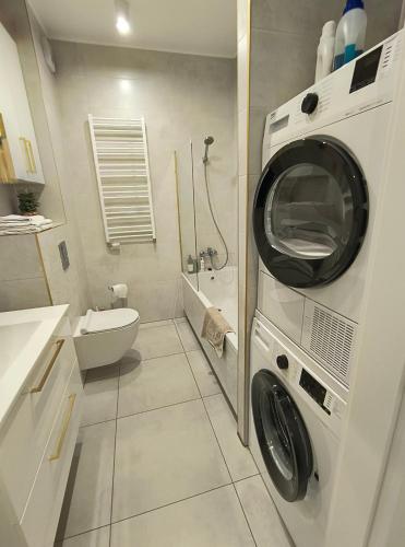 łazienka z pralką i suszarką w obiekcie Apartament Wierzyca w mieście Pelplin
