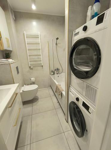 a bathroom with a washer and dryer in a bathroom at Apartament Wierzyca Pelplin in Pelplin
