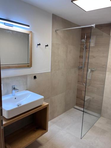 a bathroom with a sink and a shower at Apartment Tanzberger in Faistenau