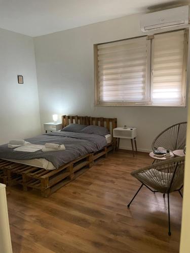 1 dormitorio con cama, ventana y silla en Fenix Apartman II en Zaječar