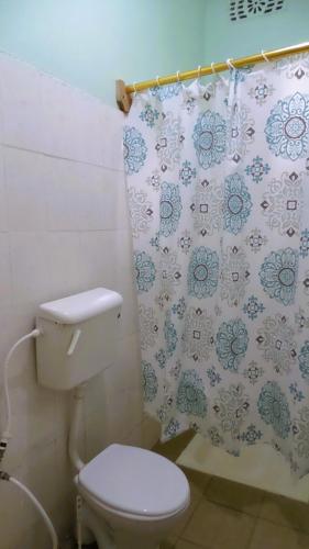 a bathroom with a toilet and a shower curtain at Home Feeling Neneu Lodge in Moshi