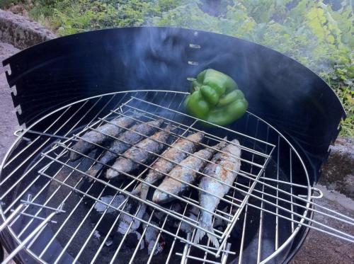 a grill with meat and green peppers on it at Eira das Carvalhas in Penafiel
