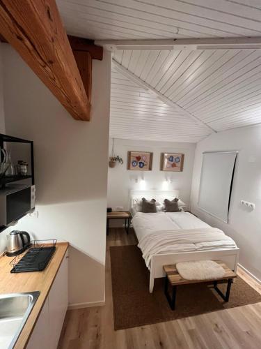 ein Schlafzimmer mit einem großen Bett in einem Zimmer in der Unterkunft Studio Apartment Jož' 
