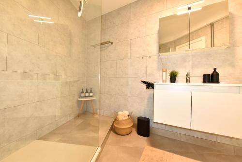 a bathroom with a shower and a sink at Cosy apartment Airport Brussels with terrace in Zaventem