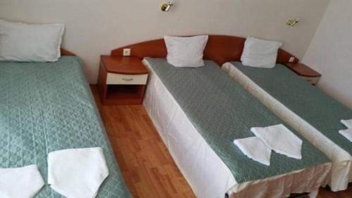two beds in a room with green and white sheets at Sem.hotel -Afrikana in Sveti Vlas