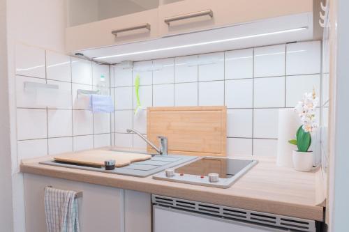 uma cozinha com um lavatório e um balcão em Zentral nah MHH Terrasse Komfort - Haustiere willkommen em Hanôver