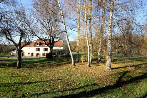 a group of trees in a field with a house at Gîte Au Moulin de Bougnon Calme et Dépaysement en Haute-Saône in Bougnon