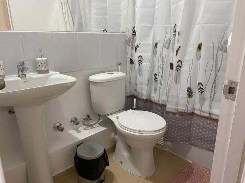 biała łazienka z toaletą i umywalką w obiekcie Departamento Full nuevo Curico w mieście Curicó