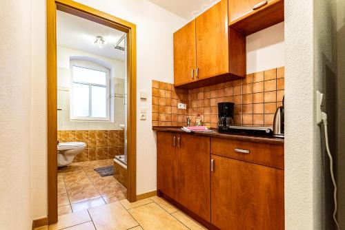 Apartment Dresden EG Links في درسدن: حمام صغير مع حوض ومرحاض