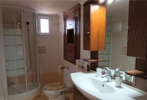 een badkamer met een wastafel, een toilet en een douche bij Home Sweet Home Milos in Triovasálos