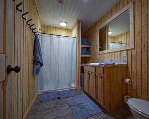 a bathroom with a shower and a sink and a toilet at The Lodge at Welch in Welch