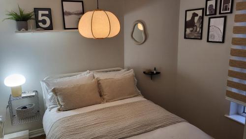 - une chambre avec un lit et une lampe pendant dans l'établissement Sea Renity Apartment, à Newcastle