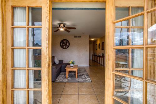 a view from the living room through the sliding glass doors at The Inn at Deep Canyon in Palm Desert