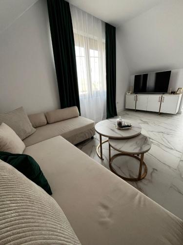 un soggiorno con divano e tavolo di Gold Tag Apartament a Timişoara