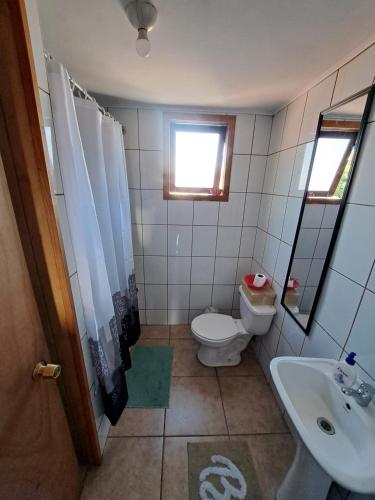 a bathroom with a toilet and a sink at Cabaña puerto varas in Llanquihue