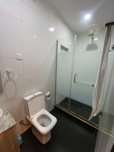 a bathroom with a toilet and a glass shower at LTD GRAND APARTMENTS in Wupa