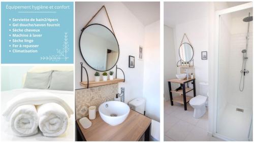 - deux photos d'une salle de bains avec lavabo et miroir dans l'établissement Top Destination Moissac, à Moissac