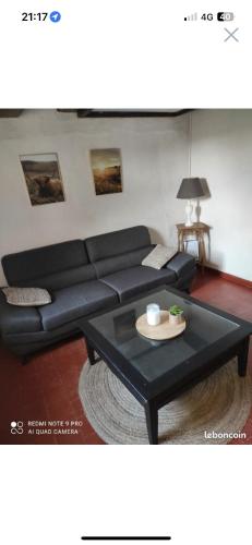 ein Wohnzimmer mit einem schwarzen Sofa und einem Couchtisch in der Unterkunft Gîte l’échappée belle in La Gollotte