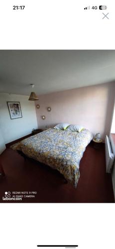 ein Schlafzimmer mit einem Bett mit einer Bettdecke in der Unterkunft Gîte l’échappée belle in La Gollotte