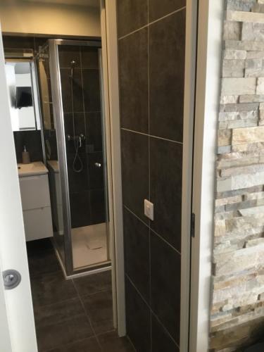 une salle de bain avec une douche avec une porte vitrée dans l'établissement Elegant F2 with all comforts in center of Cannes, à Cannes