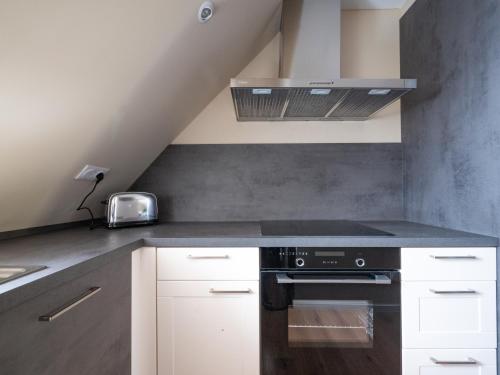 une cuisine avec des armoires blanches et un four à plaques de cuisson dans l'établissement Charmant Cocon au Neudorf, à Strasbourg