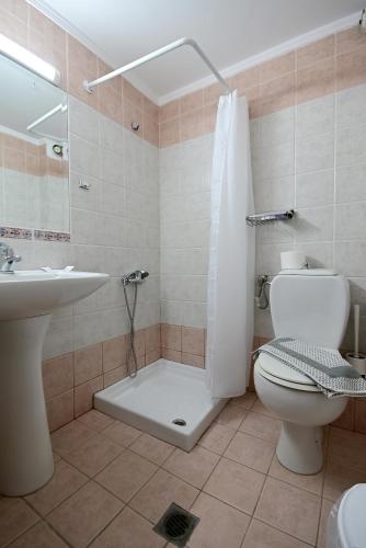 a bathroom with a toilet and a shower and a sink at VILLA CARIATIS in Nea Kalikratia