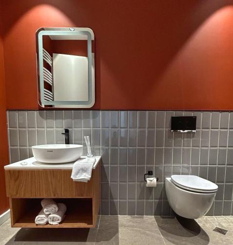 a bathroom with a sink and a toilet and a mirror at Villa N40 in Kachretʼi