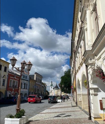 a city street with a street light and buildings at Apartmány Svitavy in Svitavy