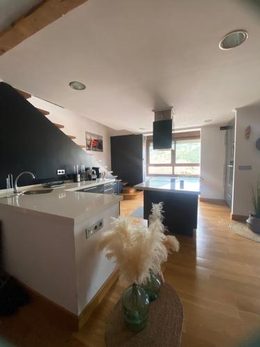 uma grande cozinha com uma bancada branca e um quarto em Dúplex Markina Xemein em Marquina