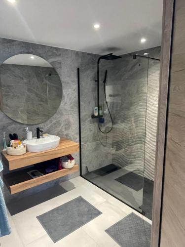 ein Bad mit einer Dusche, einem Waschbecken und einem Spiegel in der Unterkunft Le Galatee -T2 luxe les pieds dans l'eau - Porticcio in Grosseto-Prugna