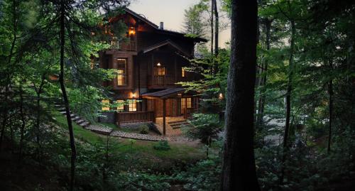 a log cabin in the woods with a hammock in front at Chalet Royal in Sinaia