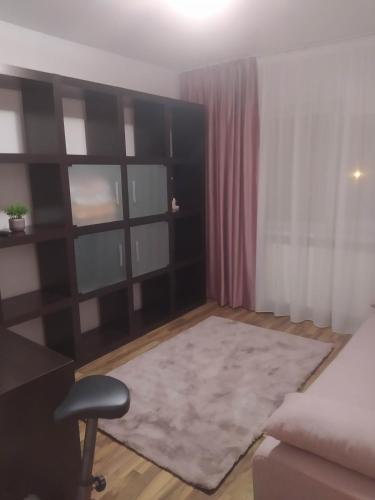 een woonkamer met een bank en een tapijt bij Apartament Bulevardul Oltenia in Craiova