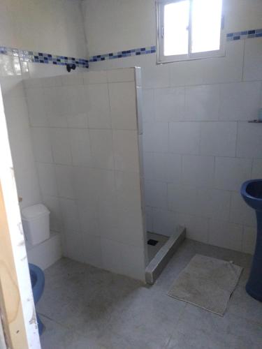 a bathroom with a shower with a toilet and a window at Cabaña marinera in Coquimbo