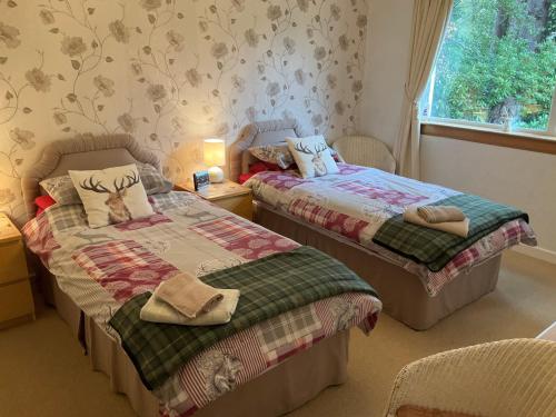 2 camas individuales en una habitación con ventana en The Pines Self-catering cottage,Wester Ross, Scotland, en Kinlochewe