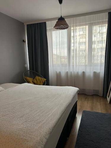 a bedroom with a large bed and a window at 1 Room Apartment- Self Check in 24h in Reşiţa