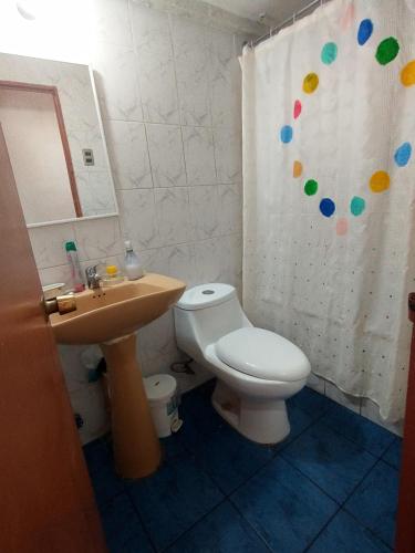 a bathroom with a toilet and a sink and a shower curtain at Kingui in Santiago