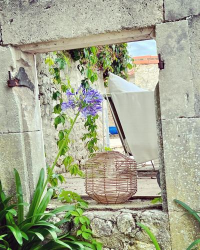 a doorway with a basket and a flower in it at A l'ombre du Tilleul in Berneuil