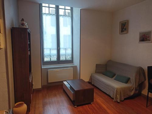 un salon avec un canapé et une fenêtre dans l'établissement Appartement centre, à Aire-sur-lʼAdour