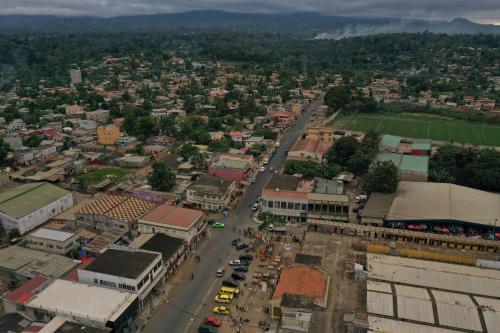 an aerial view of a city with a street at Residencial Avenida Geovanni in São Tomé