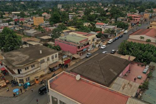 an overhead view of a city with buildings and a street at Residencial Avenida Geovanni in São Tomé