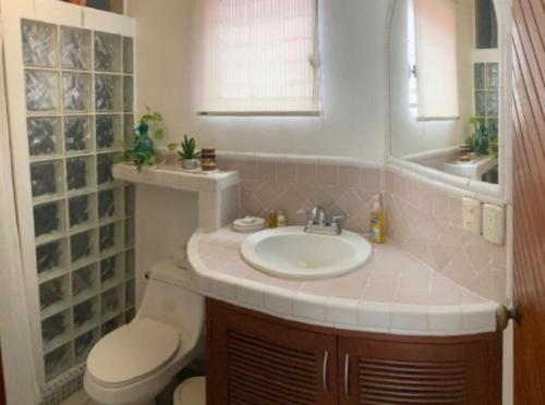a bathroom with a sink and a toilet and a mirror at Rincón Natural PA in Puerto Aventuras