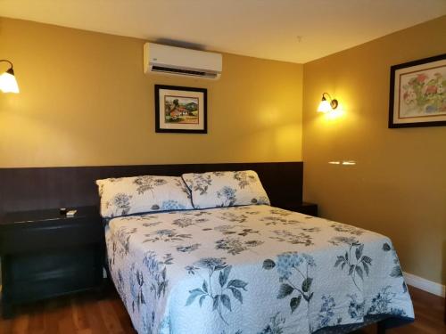 a bedroom with a bed with a blue and white comforter at Airport Costa Rica B&B in Alajuela City
