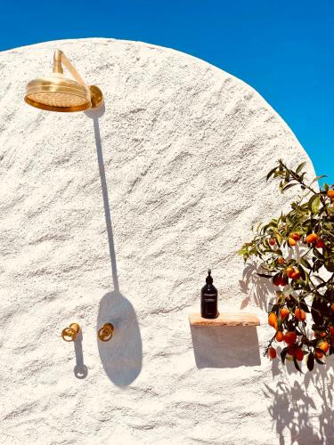 a white wall with a lamp and a plant at ROMEO AND JULIO SUMMER HOUSE in Mýkonos City