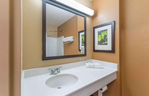a bathroom with a sink and a large mirror at Extended Stay America Suites - Memphis - Germantown West in Memphis