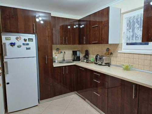 a kitchen with wooden cabinets and a white refrigerator at Casa Potcovarului in Drăguş